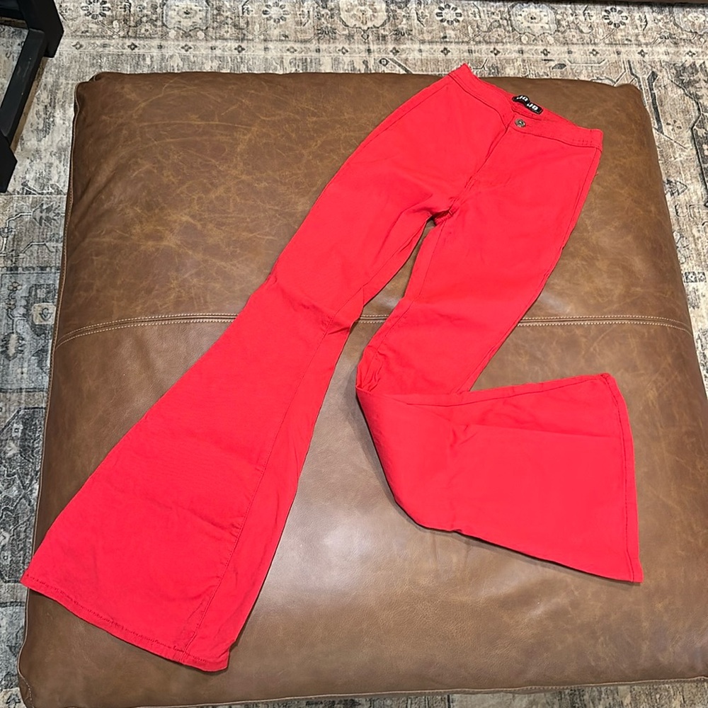 Red flared jeans